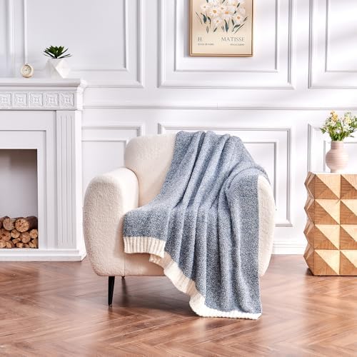 CozeCube Reversible Knitted Throw Blanket, Dusty Blue White Melange 60"x80" - Image 2