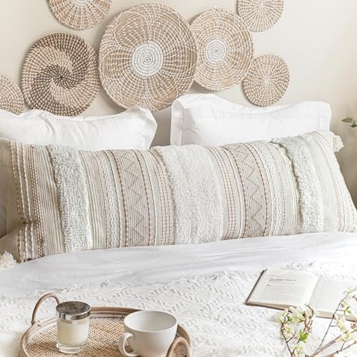 BlissBlush 20X54 Oversized Large Lumbar Pillow Cover for Bed, Rectangular Long Decorative Throw Pillowcase, Cotton Boho Accent Cushion with Tufted Pattern and Tassels, Cream Beige Neutral (Cover Only) - Image 4