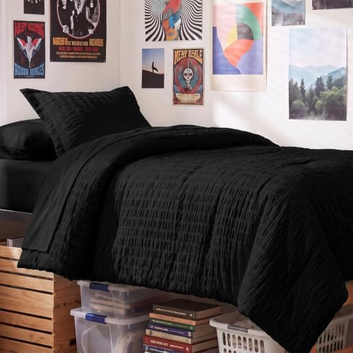 CozyLux Twin Comforter Set, 5 Pieces Black Seersucker Bed in a Bag by CozyLux