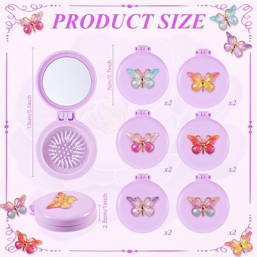 12 Pcs Purple Butterfly Mini Hair Brushes Folding Mirror Coquette Detangler Brush Bulk Round Compact Massage Scalp Comb for Purse Women Travel Team Gifts Trendy Stuff Party Favors - Image 3