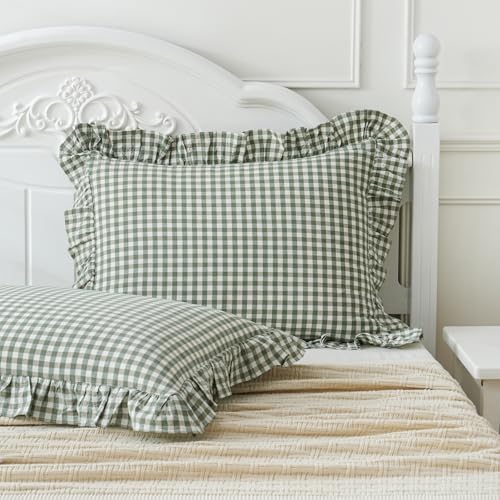 2 Pack Sage Green White Plaid Ruffle Pillow Shams Standard Size 20"x26" by Qilunn