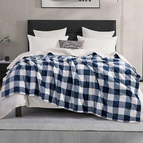 Elegant Comfort Ultra Soft Reversible Buffalo Plaid Flannel Sherpa Blanket - Cozy Silky Checkered Fleece Throw for Couch, Bed - Plush Fuzzy Warm Winter Blanket for Gift, Queen, Navy - Image 2