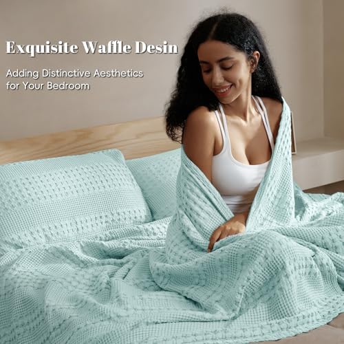 PHF Lightweight 100% Cotton Waffle Blanket for Bed, King, Mint - Image 2