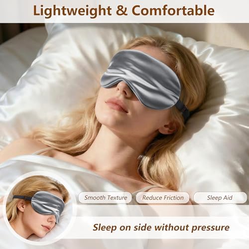 Sleep Mask Silk Eye Mask for Men Sleeping Mask, Adjustable Elastic Strap for Night Shading Sleep Mask, Soft and Comfortable for Both Men and Women (Grey, 2 Packs) - Image 2