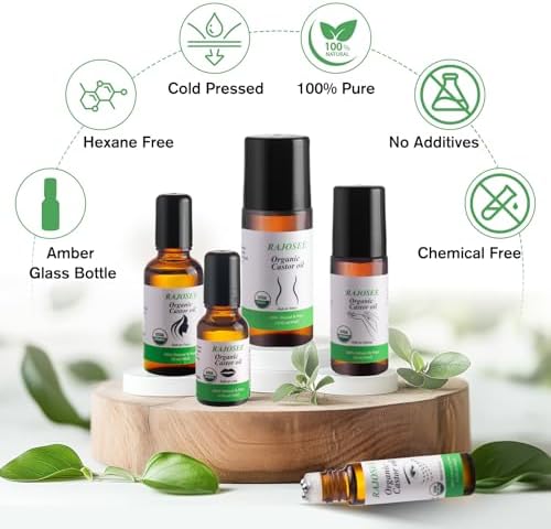 RAJOSEE 5 Pcs Castor Oil Roll on Set, Certified Organic Castor Oil Rolling for Skin Waist Back Leg Lip Eyebrow Hair, Cold Pressed Essential Oil in Glass Bottle - Image 7