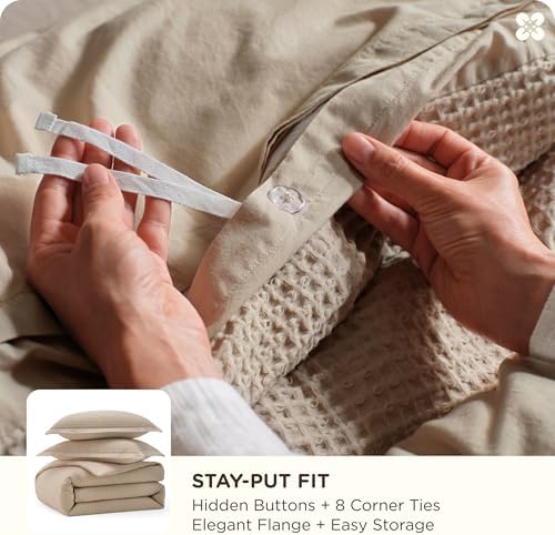 Bedsure PureWoven 3 Pieces 100% Cotton Waffle Weave Duvet Cover Set, Khaki - Image 5
