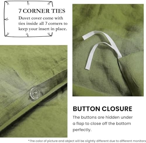 Simple&Opulence 100% French Flax Linen Duvet Cover Set with Embroidery Washed - 3 Pieces (1 Duvet Cover with 2 Pillow Shams) with Button Closure Soft Breathable Farmhouse - Olive, King Size - Image 4