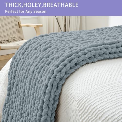 Bigacogo Chunky Knit Throw Blanket for Couch, 51x63 inches, Dusty Blue - Image 6