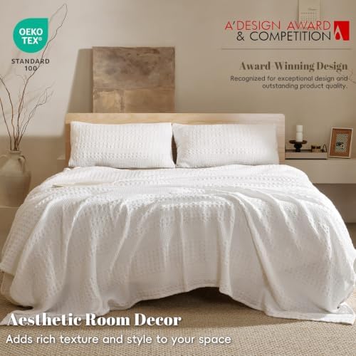 PHF Lightweight 100% Cotton Waffle Blanket for Bed, King, White - Image 4