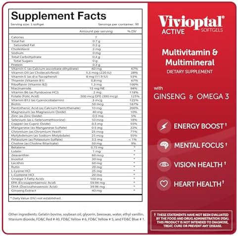 Vivioptal Active, 90 Softgels, Ginseng & Omega 3, Multivitamin & Multimineral, Gluten Free, German Formula - Image 6