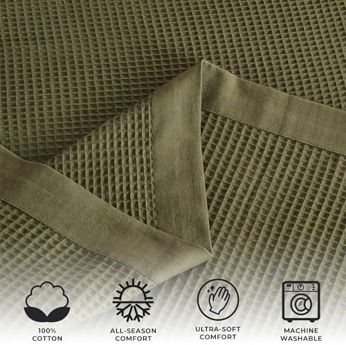 Great Bay Home 100% Cotton Blanket for Full/Queen Size Bed | Lightweight and Breathable Waffle Weave Blankets for Summer & Spring | Versatile, Layering Dark Green Bed Blanket, Olive, 90x90 inches - Image 2