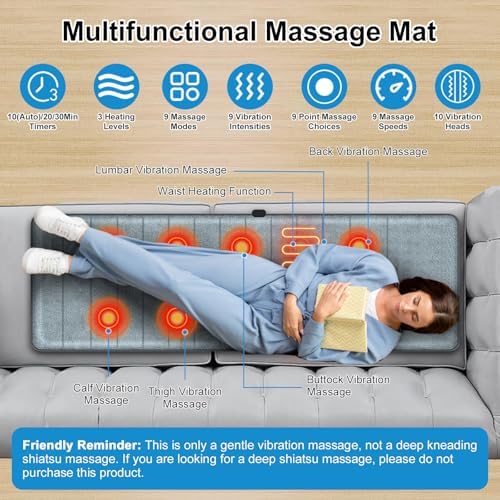 Moclever Full Body Massage Mat with Heat - 10 Motors, 3 Heat Pads, 9 Modes for Back & Leg Pain Relief - Electric Massage Pad with Lumbar Pillow - Image 3