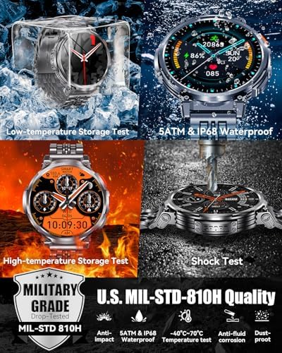 1.85" Big Screen Military Smart Watch for Men with Flashlight, 930mAh Large Battery, IP68 Waterproof, Bluetooth Calling, 114 Sports Modes, Heart Rate/Sleep Monitor for iPhone & Android - Image 4