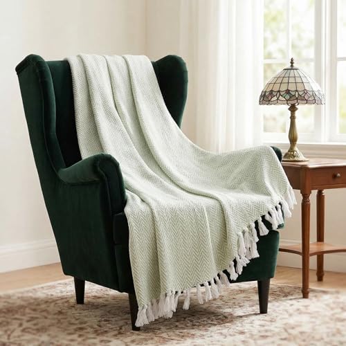 Americanflat 50x60 Throw Blanket - Soft and Breathable Cotton Throw Blanket for Couch, Bed, Chair - Decorative Blankets Perfect for Home or Outdoor Use - Light Green and White Herringbone Design - Image 4
