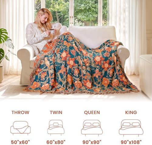 MSGKV Boho Throw Blanket 60"x80" 100% Cotton Floral Bird Blanket Couch Bed - Image 5