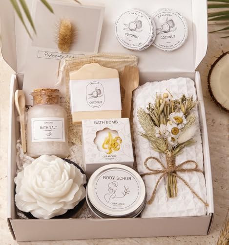 Coconut Spa Gifts for Women - 12pc Self-care Spa Gift Basket by Coralogo