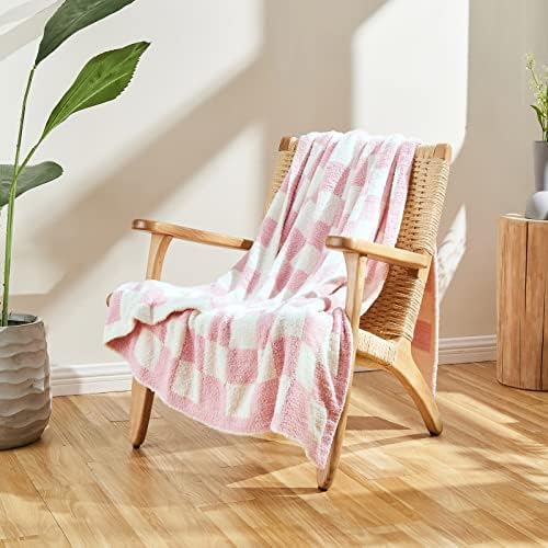 CozeCube Pink White Reversible Checkered Knit Throw Blanket 50"x60" - Image 2