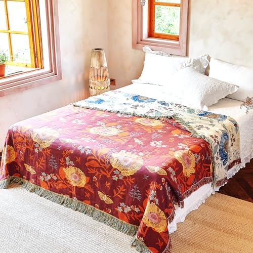VANJOROY Boho Throw Blanket, 100% Organic Cotton Breathable Ultra Soft Bed Quilt Throw - All Season Floral Bird Butterfly Farmhouse Decor Blanket for Sofa Couch Chair and Gift. 60" x 80" - Image 7