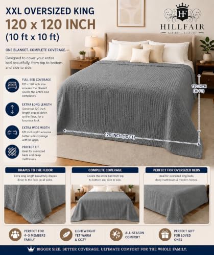 HILLFAIR 100% Cotton Blanket- 120" x 120" XXL Oversized King Bed Blankets - Family Size 10 ft x 10 ft Big - All Season Soft Cozy Breathable Blankets for Bed - Extra Large King Cotton Blanket- Grey - Image 4