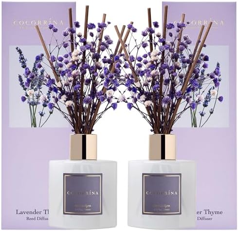 Cocorrína Premium Reed Diffuser Set with Preserved Baby's Breath & Cotton Stick Lavender Thyme 2 Packs, 6.7oz Scent Fragrance Oil Diffuser for Bedroom Bathroom Home Décor by COCORR%C3%8DNA
