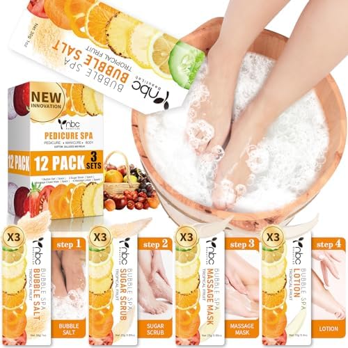 Pedicure Kit Foot Soak Set: Bubble Salt, Sugar Scrub, Massage Mask, Massage Lotion in a Box, 4 Step Foot Spa Kit for Dry Feet,Tired Feet（3 Set Tropical Fruit) by nbcBeautiLab