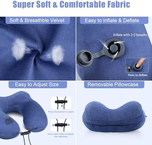 Inflatable Travel Neck Pillow for Airplanes, Super Soft Velvet Neck Support, Adjustable Firmness, Blow Up Plane Pillow for Long Flights, Road Trips, Travel Essentials with Eye Mask, Earplug - Image 4