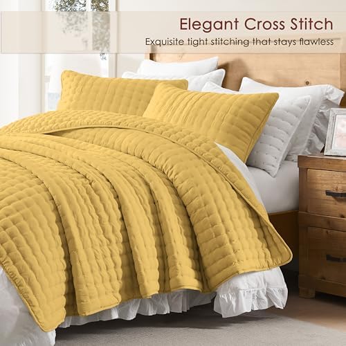 WDCOZY Twin Quit Size Bedding Sets with Pillow Sham, Lightweight Soft Bedspread Coverlet, Quilted Blanket Thin Comforter Bed Cover for All Season, 2 Pieces, 68x90 inches, Yellow - Image 3