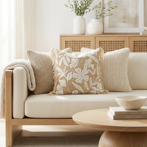 BlissBlush Throw Pillow Cover 20x20 Inch Indoor Outdoor, Jute-Look Floral Tufted Decorative Accent Pillow Case for Patio Sofa Couch Living Room, Cover Only - Image 7