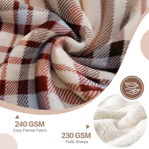 PU MEI Sherpa Fleece Throw Blanket 60" x 80" Reversible Plush Fluffy Large Big Blanket Lattice Flannel Blankets for All Season Use, Beige Stripe - Image 4