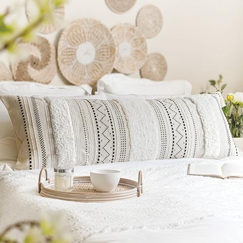 BlissBlush 20X54 Oversized Large Lumbar Pillow Cover for Bed, Rectangular Long Decorative Throw Pillowcase, Cotton Boho Accent Cushion with Black Tufted Pattern and Tassels, Cream Neutral (Cover Only) by BlissBlush