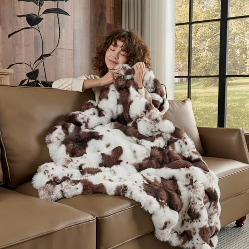 Lotus Karen Faux Fur Throw Blanket Cow Print-Dark Brown, Fluffy Fuzzy Plush Bubble Blanket for Couch, 60x50 Inches Cozy Shaggy Rabbit Blanket, Luxury Decorative Gifts for Sofa Bedroom Living Room. - Image 4