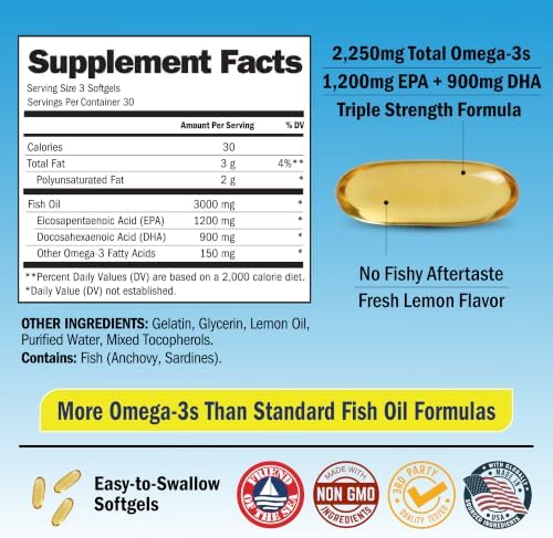 Triple Strength Omega 3 Fish Oil 3000mg for Women and Men, 90 Softgels - Image 4