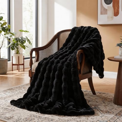 ORINOVA Black Fluffy Thick Fur Throw Blanket 50x60 for Bed Couch Office Chair Bunny Soft Blanket for Adults Gift Home Living Room Decorative Decor 860 GSM - Image 3
