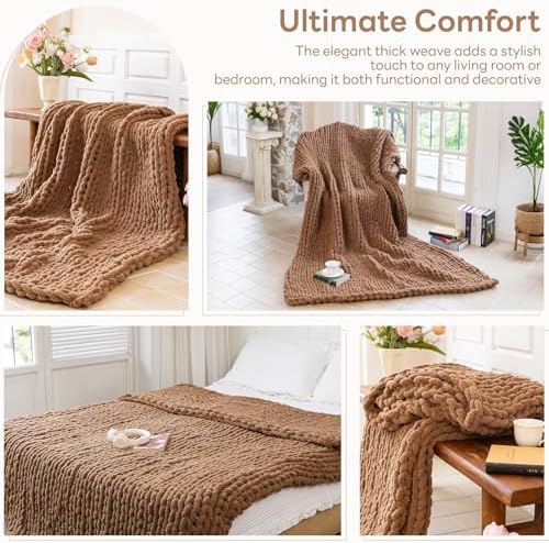Chunky Knit Throw Blanket for Couch，80X90 Inches Brown - Image 5