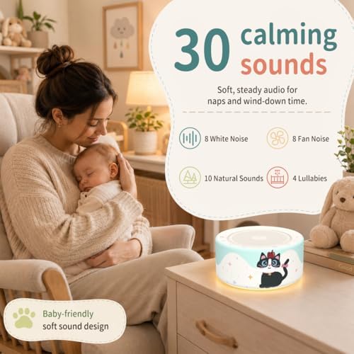 Kipcush White Noise Machine for Baby & Adults, Sleep Sound Machine with 30 Soothing Sounds, 8-Color Night Light, Memory Function, White Noise for Sleeping, Nursery, Office, Travel, Relaxation - Image 3