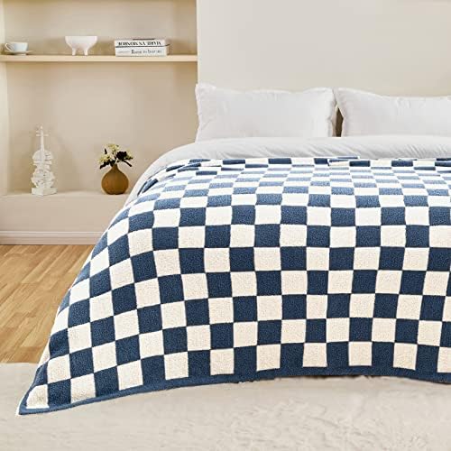 CozeCube Dusty Blue White Reversible Checkered Knit Throw Blanket 60"x80" - Image 4