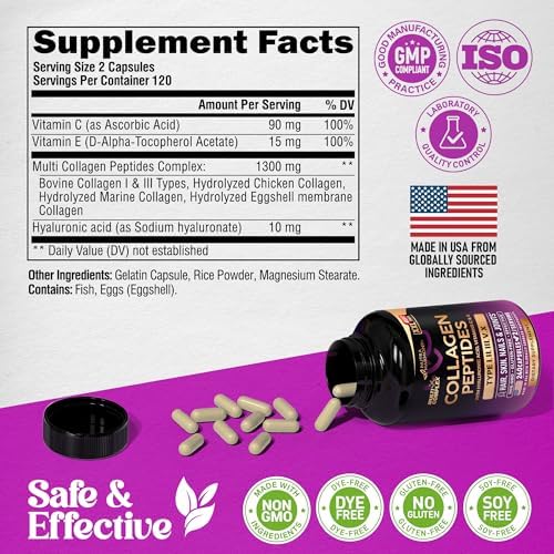 Multi Collagen Peptides 1300mg - Hydrolyzed Types I II III V & X - 240 Caps - Image 6
