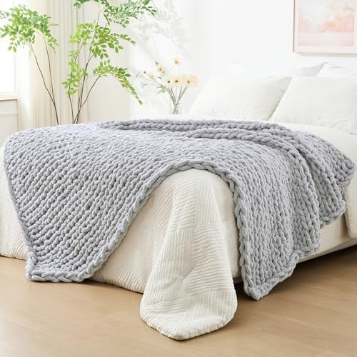 Bigacogo Chunky Knit Throw Blanket for Couch, 60x80 inches, Light Grey by Bigacogo