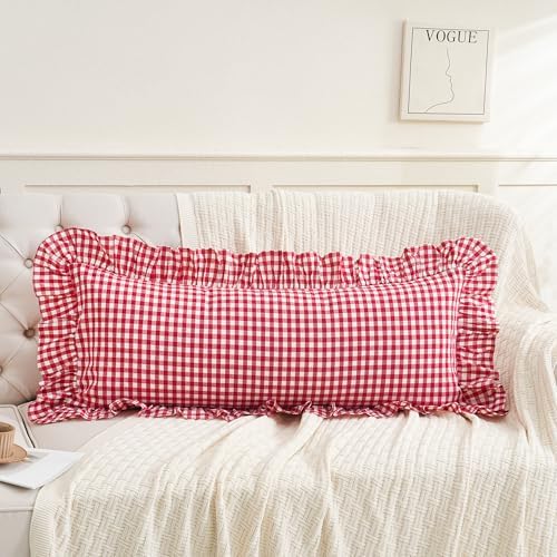 14x36 inches Red/White Plaid Ruffle Lumbar Gingham Pillow Sham 1 Piece - Image 4