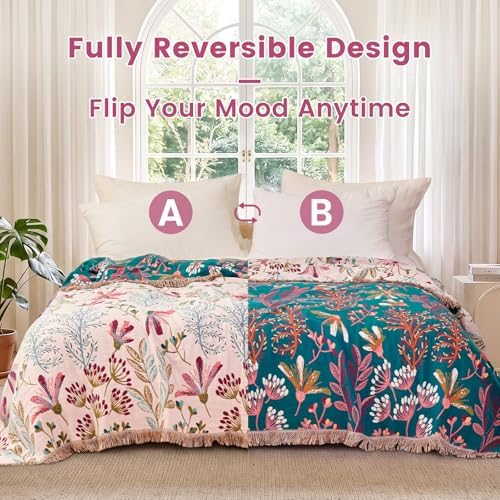 MSGKV Boho Throw Blanket 50"x60" 100% Cotton Floral Throw for Couch Sofa - Image 4