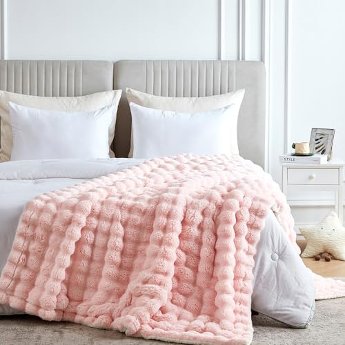 60x80 Inches Ultra-Soft Fuzzy Faux Fur Plush Twin Size Blanket - Thick, Warm Sherpa for Couch, Sofa, Bedroom, Camping - Decorative Blanket for Cozy Warmth, Bubble Pink - Image 7