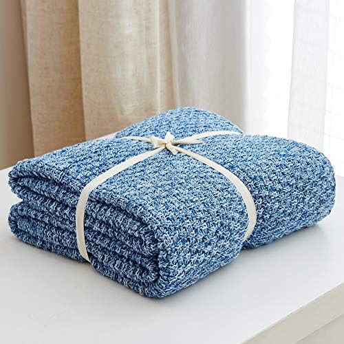 Longhui bedding 100% Cotton Knitted Throw Blanket – Blue White, Soft & Cozy, Machine Washable, 51"x63" – Perfect for Living Room, Couch, Sofa, Bed or Travel - Image 2