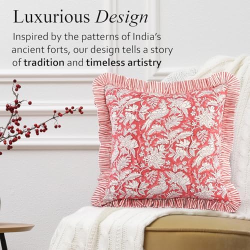 CPC Pink Coral Ruffle Throw Pillow Covers for Couch, 20x20 Inch Cotton Stripe Ruffle Couch Pillows for Living Room, Hidden 16 Inch Zipper Boho Pillow Case or Cute Outdoor Pillows - Image 4