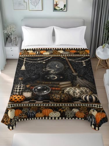 Halloween King Flat Sheet Pumpkin Book Flat Sheets Only Soft Breathable Bedding Top Sheets Luxury Hotel Quality Broom Crystal Ball Plaid King Bed Sheet for All Season Bedroom Dorm Halloween Decor - Image 4