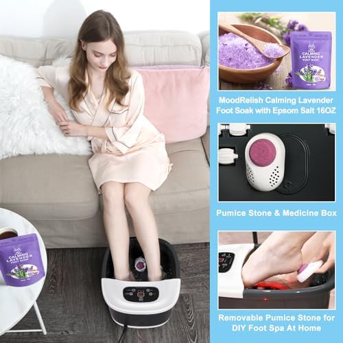 Foot Spa Bath Massager with Heat Bubbles and Vibration Massage and Jets, 16 OZ Calming Lavender Foot Soak Epsom Salt, MoodRelish Foot Soaker with Red Light, 22 Massage Rollers, Adjustable Temp - Black - Image 4