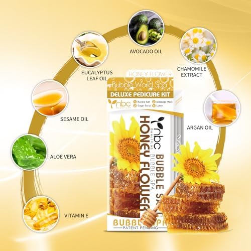 Pedicure Kit Foot Soak Set: Bubble Salt, Sugar Scrub, Massage Mask, Massage Lotion in a Box, 4 Step Foot Spa Kit for Dry Feet,Tired Feet (3 Set Honey flower) - Image 3