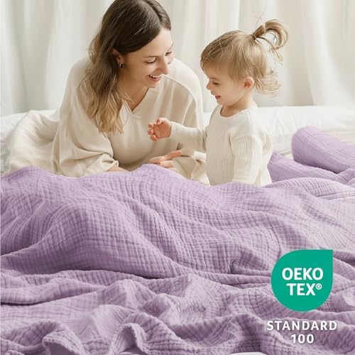 100% Cotton Muslin Blanket California King 120" x 90", 6 Layers Breathable and Lightweight Oversized Blankets for Bed, Soft Cooling Gauze Blanket for Adults All Season, Lavender - Image 5