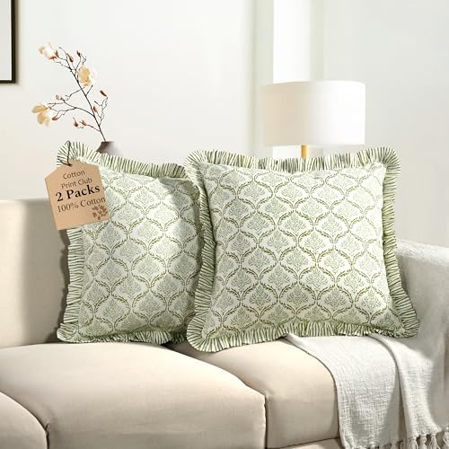 CPC Fern Regal Hand Block Print 100% Cotton Ruffle Throw Pillow Cover 18x18 inch with Hidden Zipper Decorative for Couch, Bed, Sofa, Farmhouse, Cottagecore Decor Gift Christmas Fall Thanksgiving by COTTONPRINTCLUB