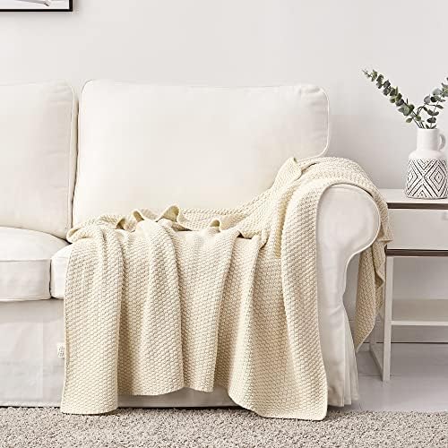 Longhui bedding 100% Cotton Knitted Throw Blanket – Cream, Soft & Cozy, Machine Washable, 51"x63" – Perfect for Living Room, Couch, Sofa, Bed or Travel - Image 3
