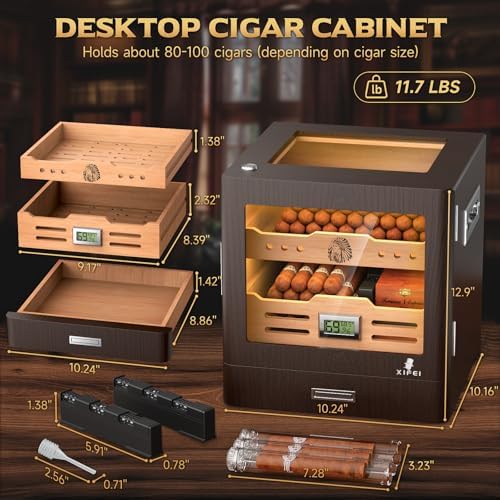 XIFEI Cigar Humidor Cabinet, Glass Top & Adjustable LED Lighting, Digital Hygrometer, 2 Humidifiers, Cigar Tube, Desktop Cedar Wood Humidor with Accessory Drawer for 80-100 Cigars, Ideal Men's Gift - Image 2